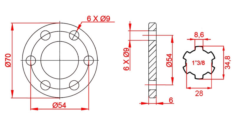 PTO ADAPTER WITH FLANGE 6 HOLES 1-3/8 (90 mm)