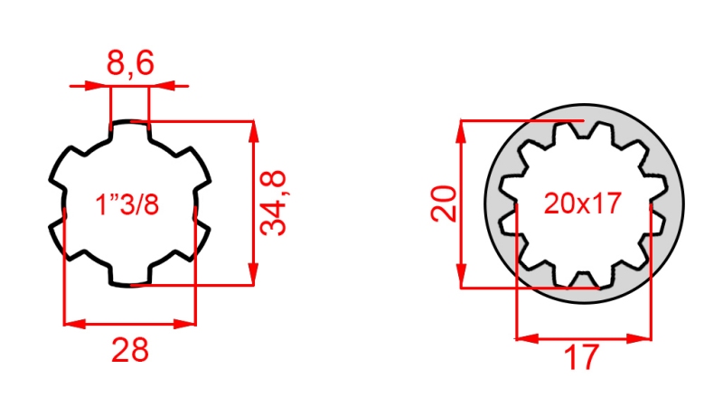 ZAPFWELLENADAPTER VON 20x17 (12 VERZAHNUNGEN) AUF 1-3/8 (120 mm)