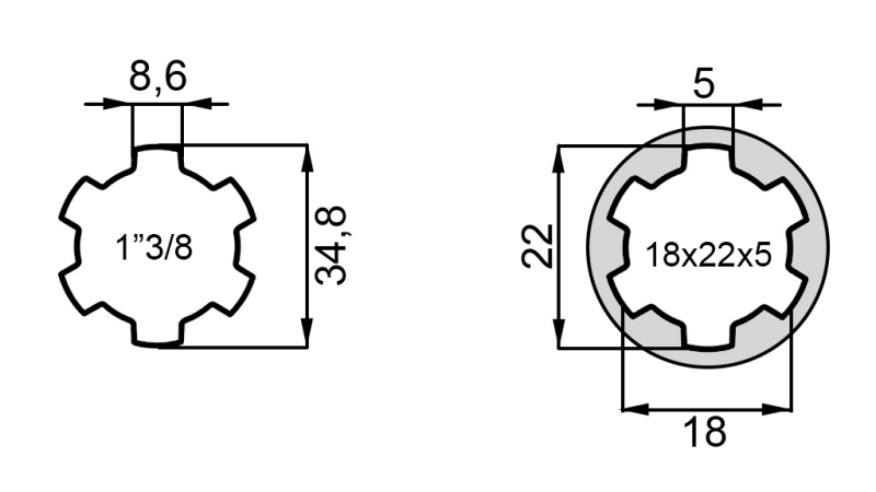 P.T.O. ADAPTÉR 13/8 18x22x5 - 6 ZUBŮ