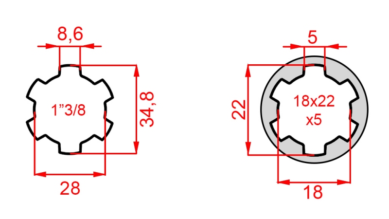 КАРДАНЕН АДАПТЕР ОТ 18x22x5 (6 ШЛИЦА) КЪМ 1-3/8 (120 mm)