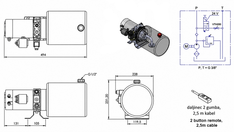 MINI HYDRAULINEN POWER-PACK 24V DC - 2.2kW = 2.1cc - 8 lit - yksivaiheinen kokoonpano (metalli)