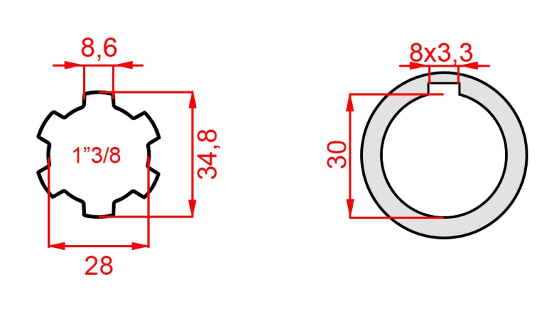 KARDANOVÝ ADAPTÉR 1-3/8 - OTVOR fi 30 mm (145 mm)
