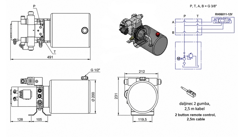 MINI HYDRAULINEN POWER-PACK 12V DC - 1.6kW = 2.1cc - 8 lit - kaksisuuntainen yksikkö (metalli)