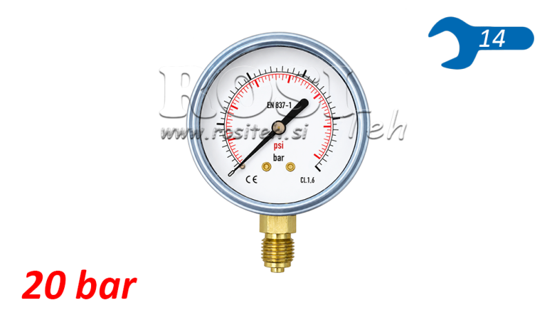 MANOMETER DN63 VERTIKAL 0 - 20 BAR - 1/4