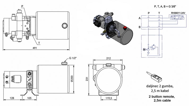 MINI HYDRAULINEN POWER-PACK 24V DC - 2.2kW = 2.1cc - 8 lit - kaksisuuntainen yksikkö (metalli)