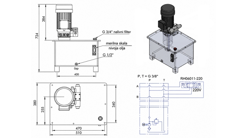 MINI HIDRAULINIS JĖGOS BLOKAS 380V AC (4 kW) - 8 cc - 12 lit/min - bakas 40 lit
