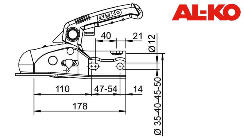 GANCIO DI TRAINO AL-KO AK-161 PER RIMORCHIO AUTO RONDO Φ50-45-35 1.600KG