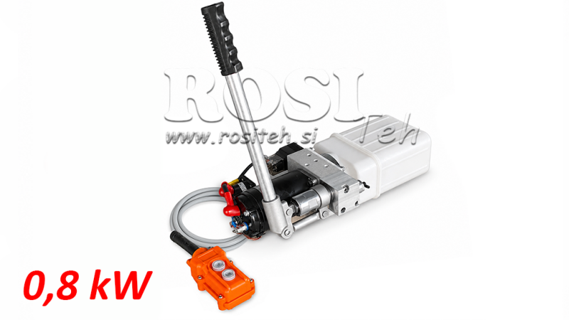 UNITÀ DI POTENZA IDRAULICA MINI 24V DC - 0.8KW = 0.5CC - 1.5 LITRI - UNITÀ A CORSO SINGOLO (PVC) CON POMPA MANUALE