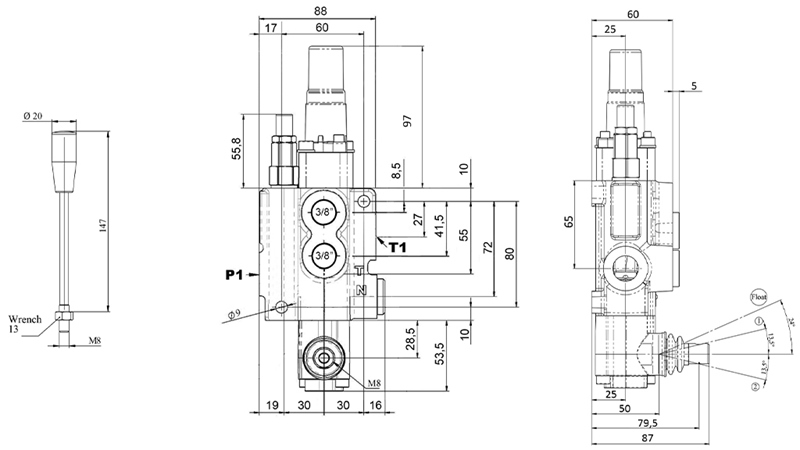 MANUAALINEN HYDRAULINEN VENTTIILI MONOBLOKKI 1xZ50 + KELLUNTATOIMINTO