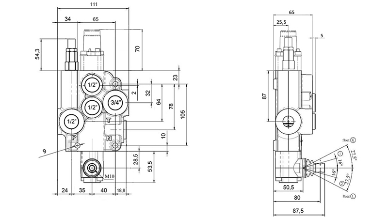 MANUAALINEN HYDRAULINEN VENTTIILI MONOBLOKKI 1xZ80 + KELLUNTATOIMINTO