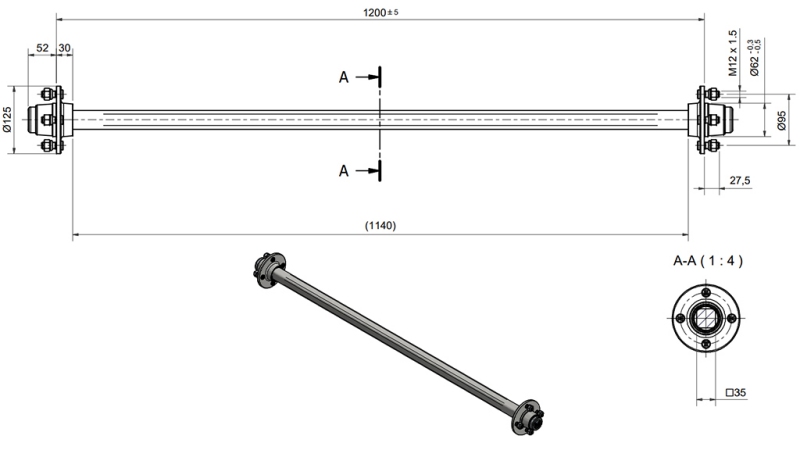 ASSE DEL RIMORCHIO 950kg SENZA FRENI (1200mm)