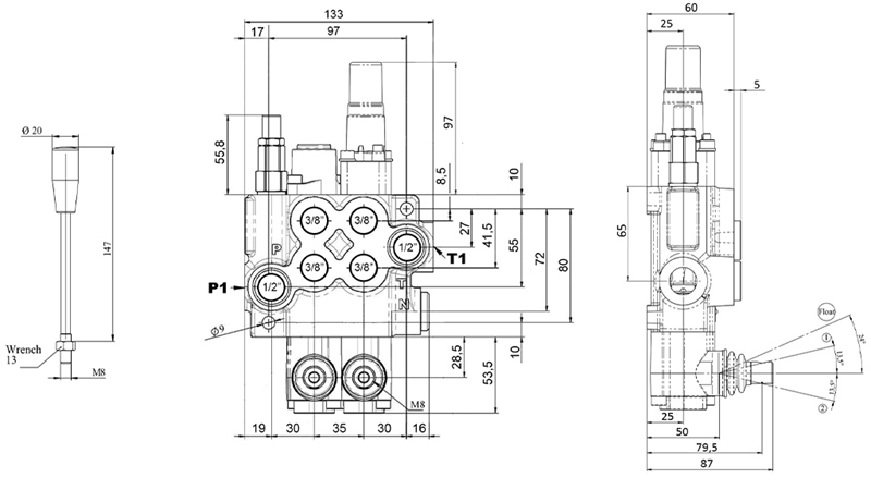 MANUAALINEN HYDRAULINEN VENTTIILI MONOBLOKKI 2xZ50 + KELLUNTATOIMINTO