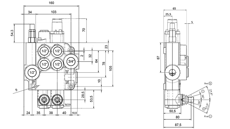 MANUAALINEN HYDRAULINEN VENTTIILI MONOBLOKKI 2xZ80 + KELLUNTATOIMINTO