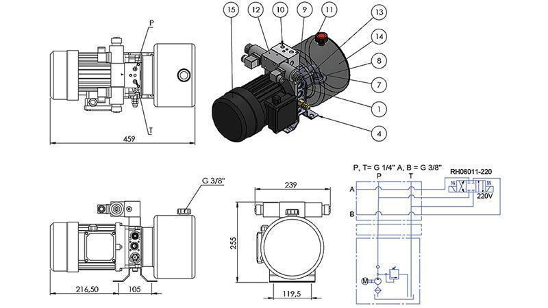 МИНИ ХИДРАВЛИЧЕН АГРЕГАТ 380V AC (0.75 kW) - 3.7 cc - 5.2 литра/мин - резервоар 4 литра