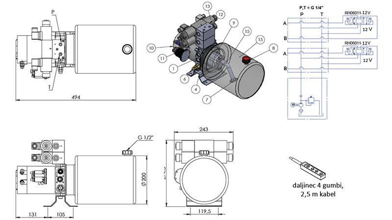 МИНИ ХИДРАВЛИЧЕН АГРЕГАТ 12V DC - 1.6kW = 2.1cc - 8 литра - 2x двупосочно сглобяване (метал)