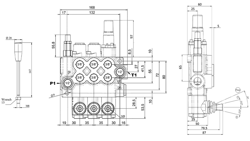 MANUAALINEN HYDRAULINEN VENTTIILI MONOBLOKKI 3xZ50 + KELLUNTATOIMINTO