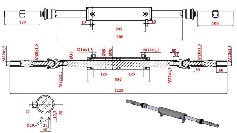 STEERING CYLINDER DOUBLE-SIDED WITH JOINTS