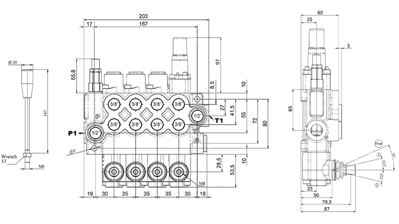 MANUAALINEN HYDRAULINEN VENTTIILI MONOBLOKKI 4xZ50 + KELLUNTATOIMINTO
