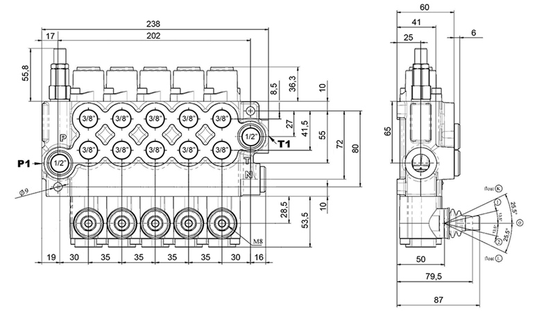 MANUAALINEN HYDRAULINEN VENTTIILI MONOBLOKKI 5xZ50
