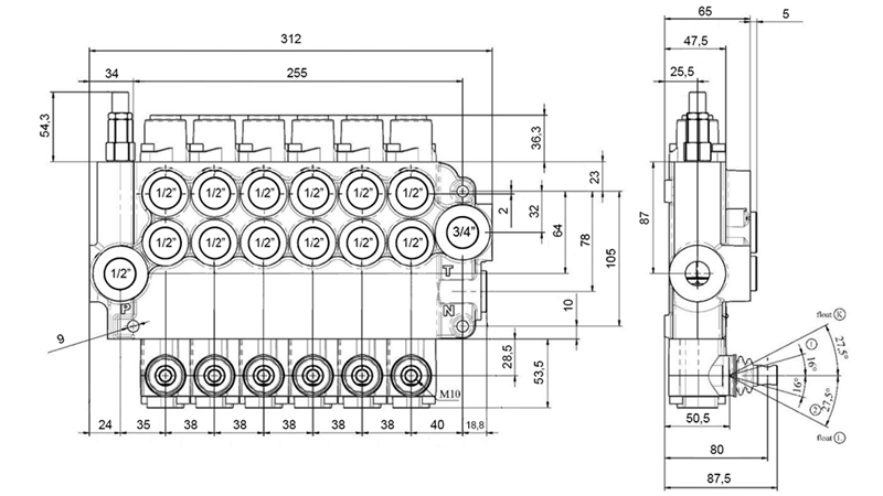 MANUAALINEN HYDRAULINEN VENTTIILI MONOBLOKKI 6xZ80