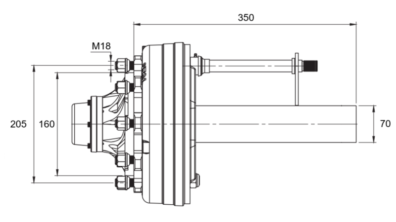HALF AXLE WITH BRAKES - 3600 kg (6 SCREWS) - 250 mm