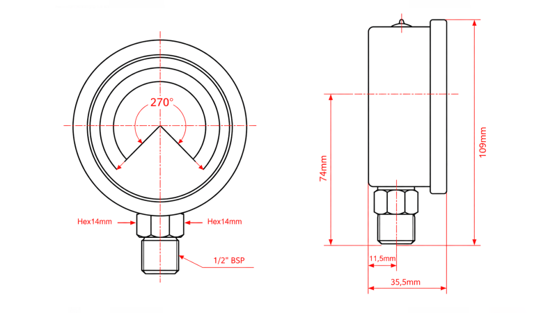 MANOMETRI DN100 VERTIKAALI 0 - 250 BAR - 1/2