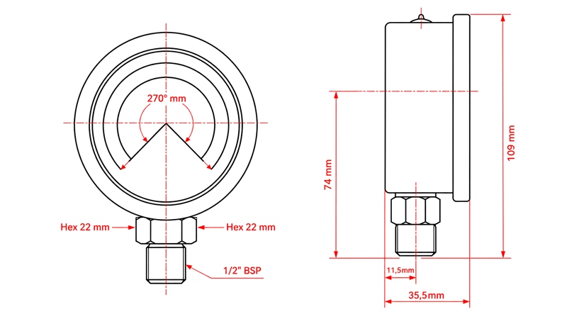 MANOMETRI DN100 PYSTY 0 - 4 BAR - 1/2