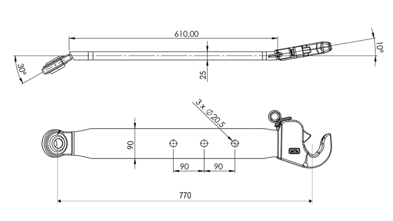 KOLMIPISTENOSTOLAITTEEN ALAVARRET CAT. 2 - 70x20 mm - 770 mm (75 HP)