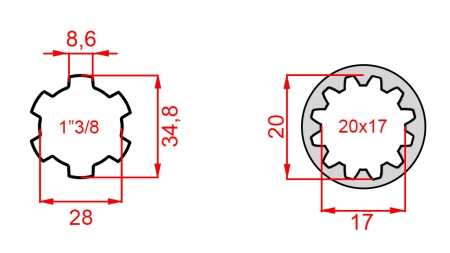 ZAPFWELLENADAPTER VON 20x17 (12 VERZAHNUNGEN) AUF 1-3/8 (120 mm)