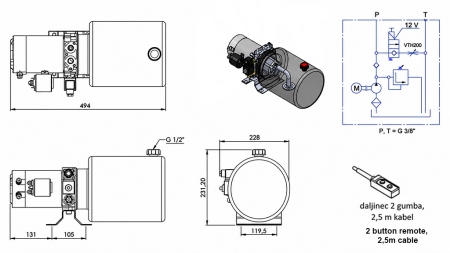 MINI HYDRAULIKAGGREGAT 12V DC - 1,6kW = 2,1cc - 8 lit - Einfachwirkende Funktion (Metallgehäuse)