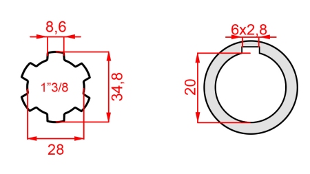 KARDANADAPTERI 1-3/8 - REIKÄ fi 20 mm (145 mm)