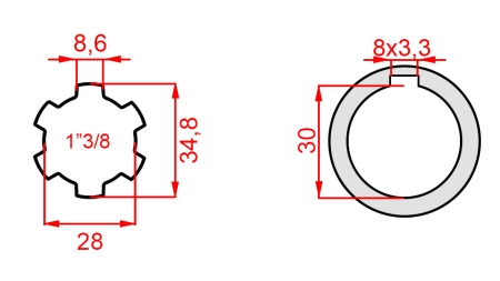 KARDANOVÝ ADAPTÉR 1-3/8 - OTVOR fi 30 mm (145 mm)