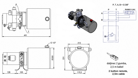 MINI HYDRAULINEN POWER-PACK 24V DC - 2.2kW = 2.1cc - 8 lit - kaksisuuntainen yksikkö (metalli)