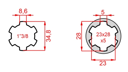 KARDANSKI NASTAVEK iz 23x28x6 (6 zob) na 1-3/8 (140 mm)