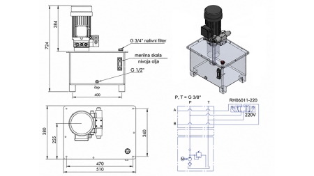 MINI HIDRAULINIS JĖGOS BLOKAS 380V AC (4 kW) - 8 cc - 12 lit/min - bakas 40 lit