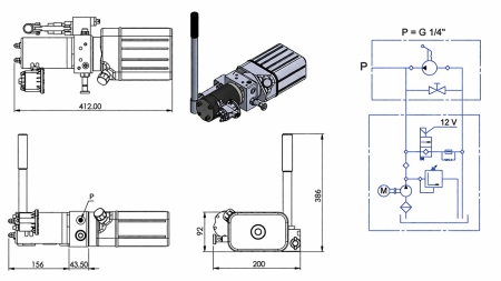 MINI HYDRAULINEN YKSIKKÖ 12V DC - 0.8KW = 0.5CC - 1.5 LITROA - YKSISUUNTAINEN KOKOONPANO (PVC) MANUAALIPUMPULLA