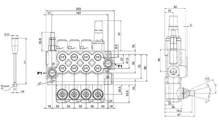 MANUAALINEN HYDRAULINEN VENTTIILI MONOBLOKKI 4xZ50 + KELLUNTATOIMINTO