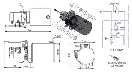 MINI HYDRAULISCH AGGREGAT 12V DC - 1.6kW = 2.1cc - 8 lit - enkele richting montage MET HANDPOMP