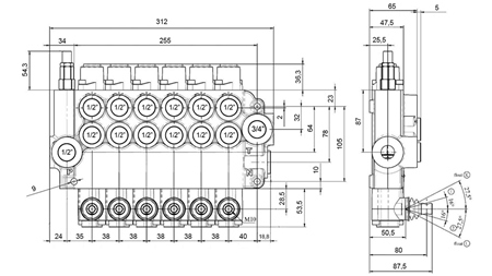MANUAALINEN HYDRAULINEN VENTTIILI MONOBLOKKI 6xZ80