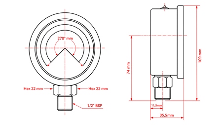 MANOMETRI DN100 VERTIKAALI 0 - 400 BAR - 1/2