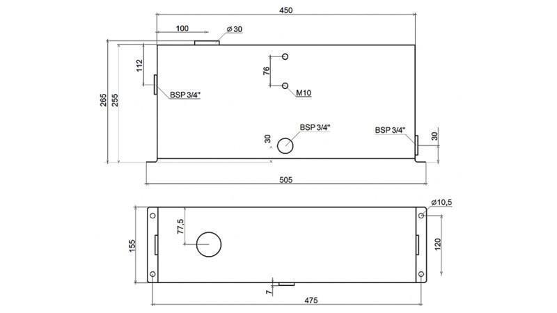 METAAL RESERVOIR 12 LITER CUBE 255x120x450mm