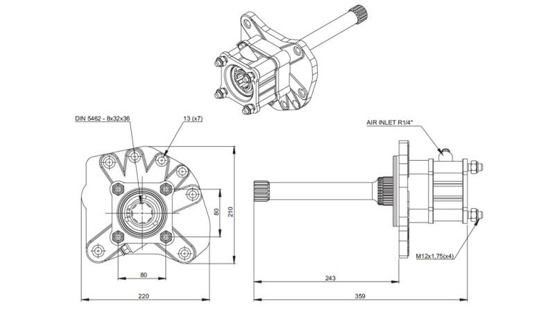 Dimensjoner UTGANG FOR HYDRAULISK PUMPE - MERCEDES G155 - 1 ACTROS