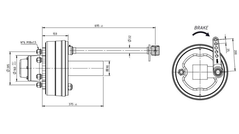 AXLE WITH BRAKES 5.250 kg l.290 mm