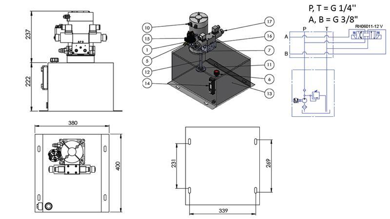 MINI HYDRAULISCH AGGREGAT 12V DC - 1.6kW = 2.1cc - 25 lit - dubbele richting montage (metaal)