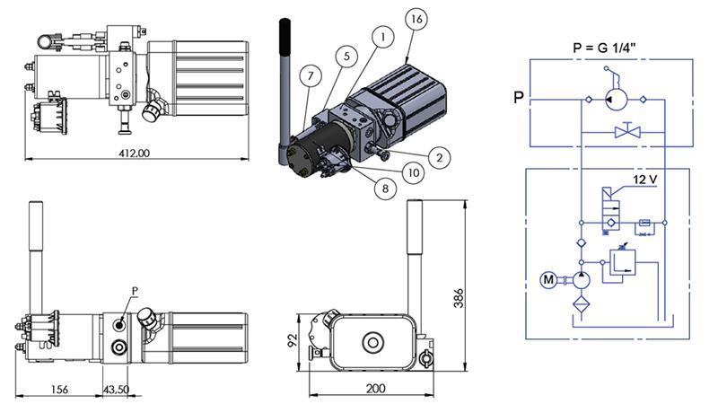MINI HYDRAULIC AGGREGATE 12V DC - 0.8kW = 0.5cc - 1.5 lit - single-phase unit (PVC) with manual pump