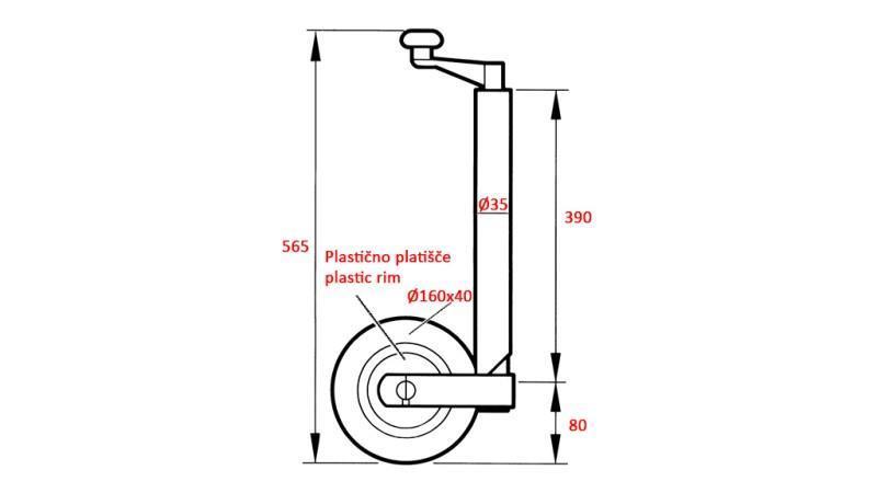 LEGGIO DI SUPPORTO FILETTATO CON RUOTA PER RIMORCHI 35mm 75 kg
