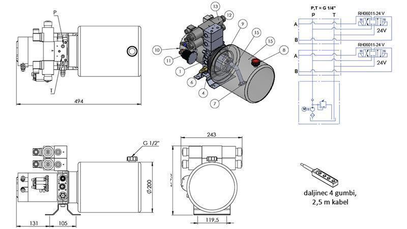 MINI HYDRAULISCH AGGREGAT 24V DC - 2.2kW = 2.1cc - 8 lit - 2x bidirectionele montage (metaal)