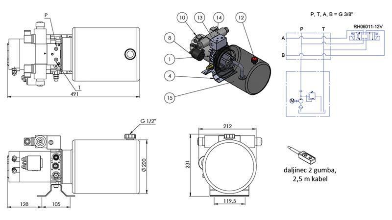 MINI AGGREGATO IDRAULICO 12V DC - 1.6kW = 2.1cc - 8 lit - assemblaggio bidirezionale (metallo)