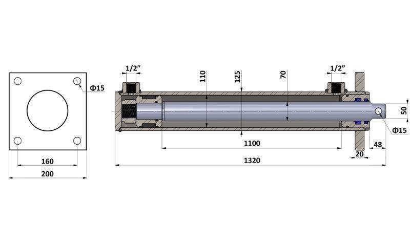 HYDRAULISCHE CYLINDER VOOR HOUTVERDELGER MET BEVESTIGINGSPLAAT 110/70-1100