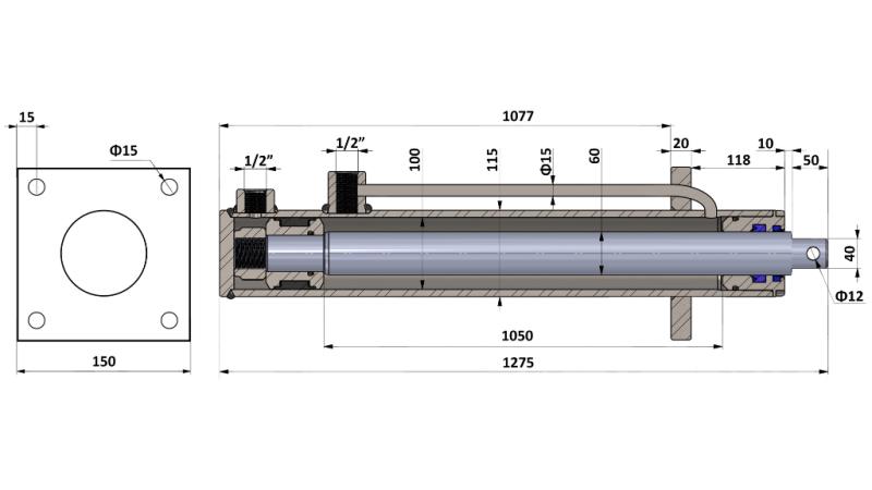 HYDRAULISCHE CILINDER MET MONTAGEPLAAT 100/60-1050 MET LEIDINGEN